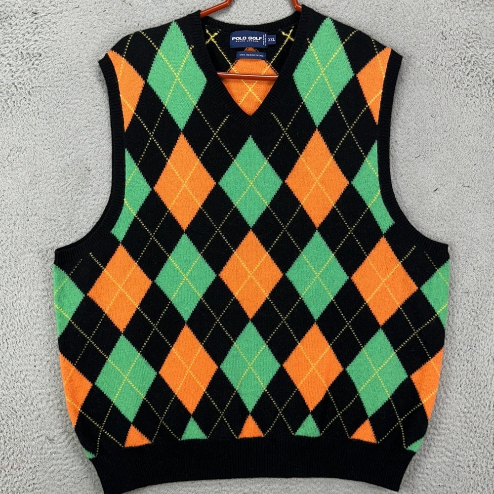 Polo Golf Ralph Lauren Merino Wool Vest Sweater Mens 2XL Black Orange Argyle EUC